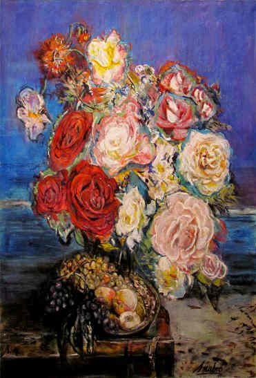 flowers and fruit with beach background oilpastel 24x36.JPG